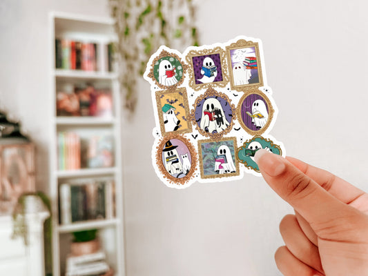 Spooky Ghost Portraits Reading Romantasy Books Sticker - Sparkle Finish - Awfullynerdy.co