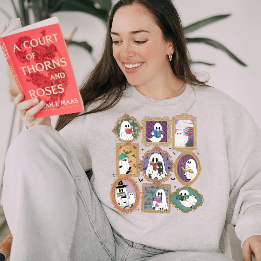 Spooky Season Ghosts Reading SJM Books Romantasy Crewneck Sweatshirt - Awfullynerdy.co