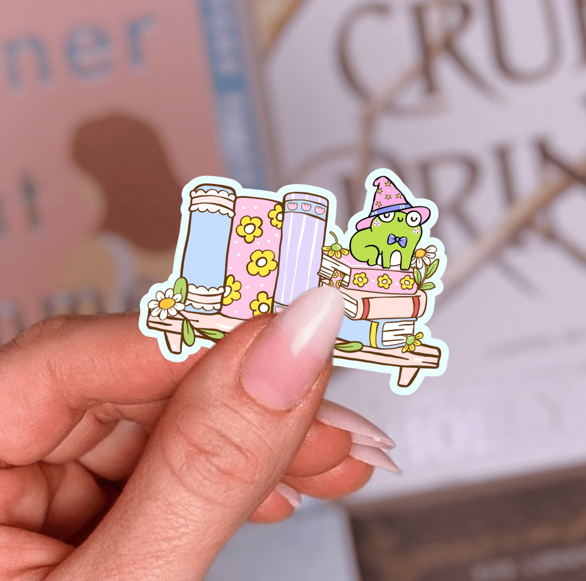 Spring Frog Bookshelf Laminated Sticker - Awfullynerdy.co