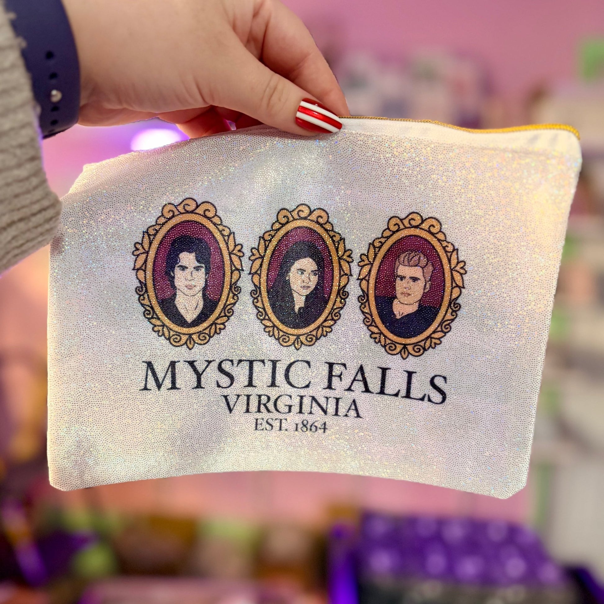 TVD Inspired Shimmer Glitter Zipper Pouch – 8.5x6.5 Sublimated Cosmetic Bag with Gold Zipper - Awfullynerdy.co