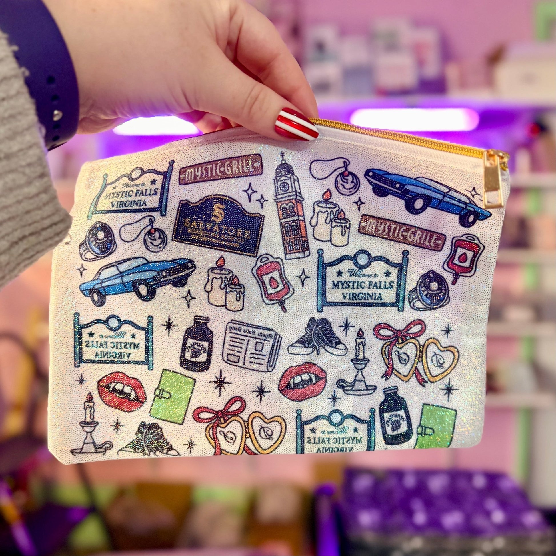 TVD Inspired Shimmer Glitter Zipper Pouch – 8.5x6.5 Sublimated Cosmetic Bag with Gold Zipper - Awfullynerdy.co