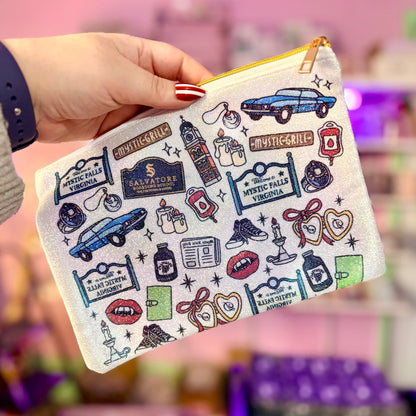 TVD Inspired Shimmer Glitter Zipper Pouch – 8.5x6.5 Sublimated Cosmetic Bag with Gold Zipper - Awfullynerdy.co