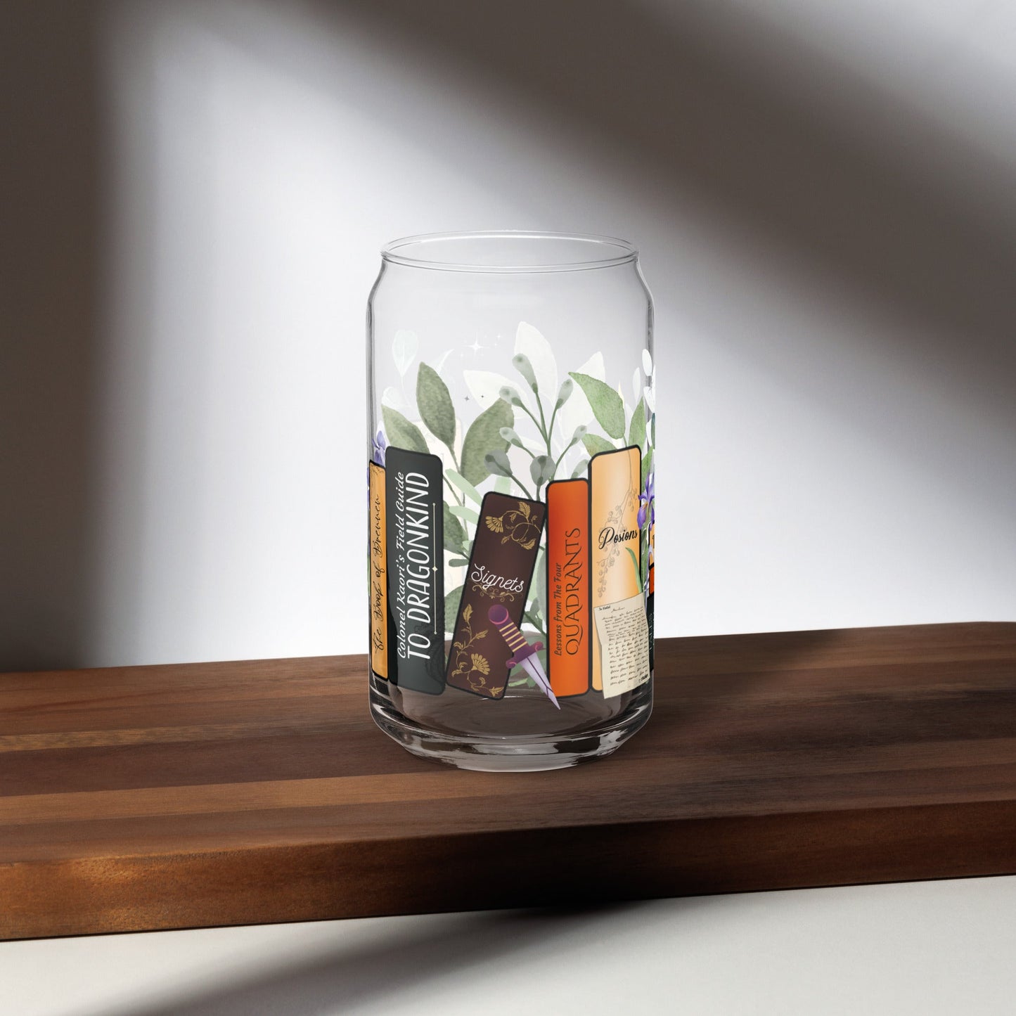 Violet’s Bookshelf Can - shaped glass with lid and straw - Awfullynerdy.co