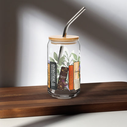 Violet’s Bookshelf Can - shaped glass with lid and straw - Awfullynerdy.co