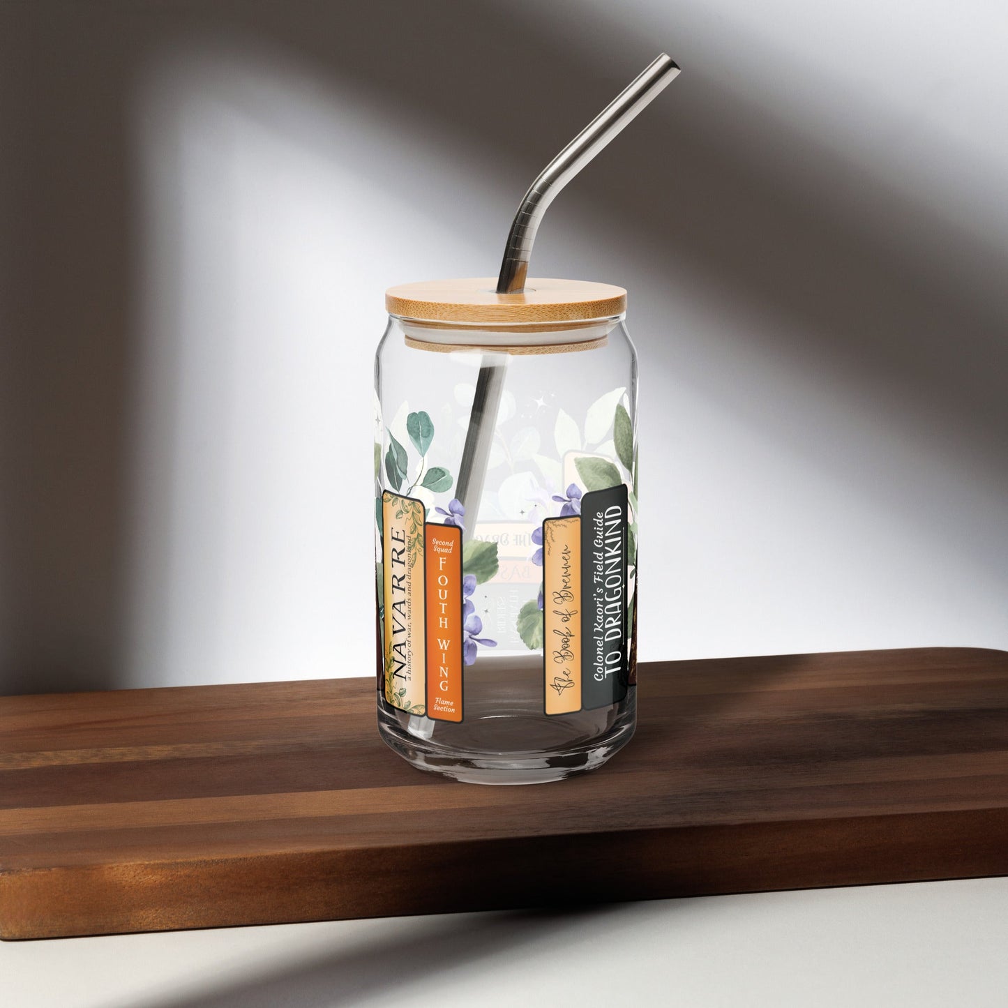 Violet’s Bookshelf Can - shaped glass with lid and straw - Awfullynerdy.co