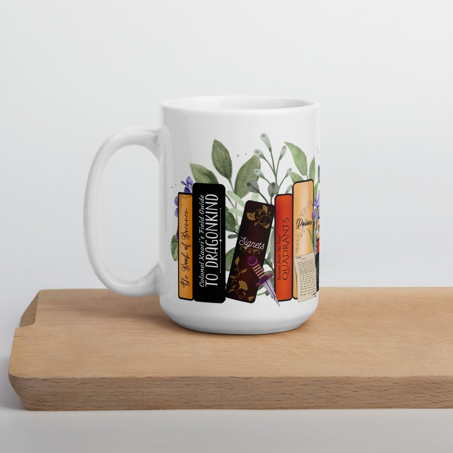 Violet’s Bookshelf Fourth Wing White glossy mug - Awfullynerdy.co