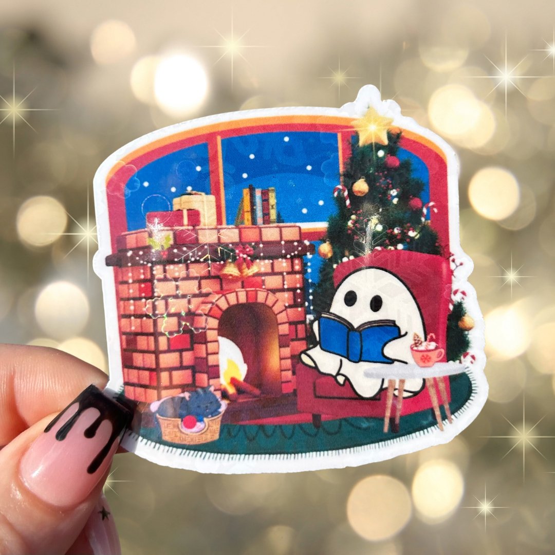 Holiday Ghost Reading by the Fireplace Sticker