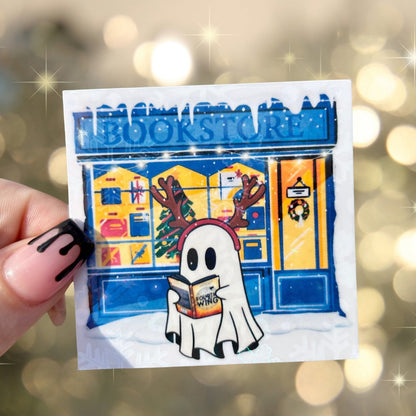 Holiday Ghost Reading Fourth Wing by Bookstore Sticker - snow sparkle finish